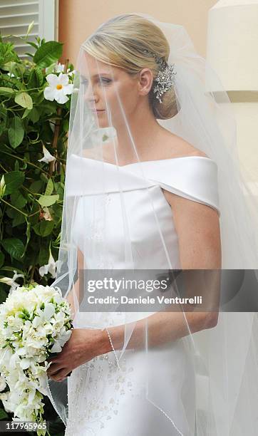 Princess Charlene of Monaco attends the religious ceremony of the Royal Wedding of Prince Albert II of Monaco to Princess Charlene of Monaco in the...