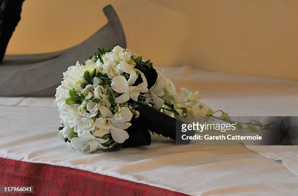 The bouquet of flowers left by Princess Charlene of Monaco inside Sainte Devote church after the religious wedding ceremony at the Prince's Palace of...