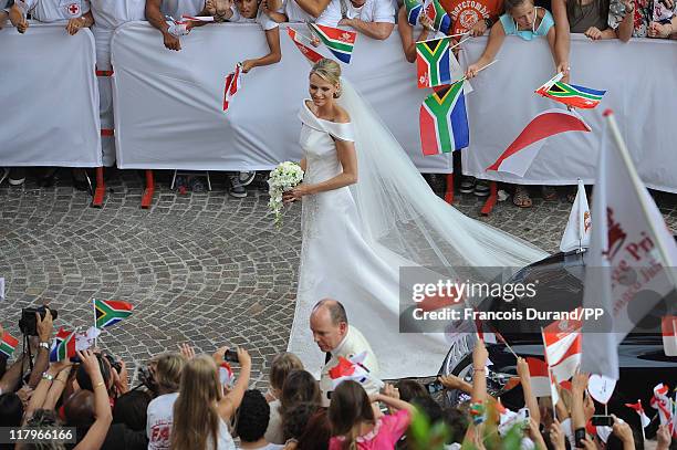 Prince Albert II of Monaco and Princess Charlene of Monaco make their journey to Sainte Devote church after their religious wedding ceremony at the...