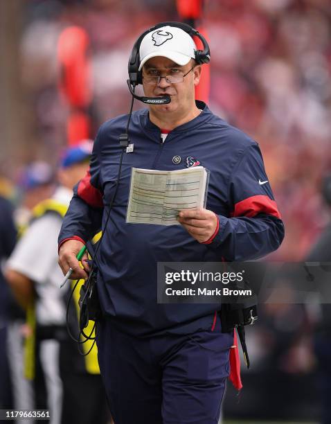 Head coach Bill O'Brien of the Houston Texans coaching in the third quarter against the Atlanta Falcons at NRG Stadium on October 06, 2019 in...