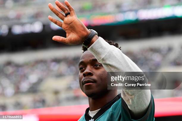 Former Philadelphia Eagles wide receiver Jeremy Maclin is honored during the second quarter at Lincoln Financial Field on October 6, 2019 in...