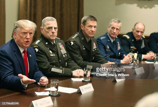 President Donald Trump speaks after getting a briefing from senior military leaders in the Cabinet Room at the White House on October 7, 2019 in...