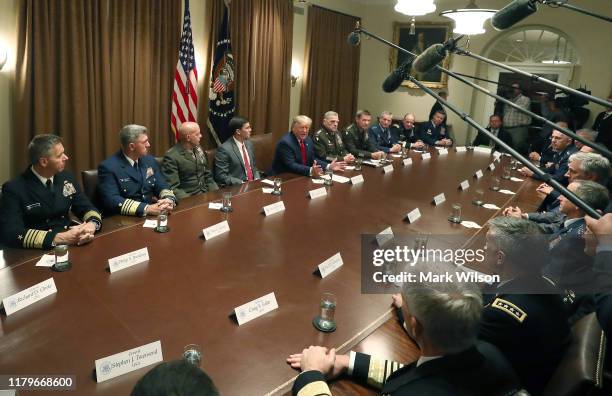 President Donald Trump speaks after getting a briefing from senior military leaders in the Cabinet Room at the White House on October 7, 2019 in...