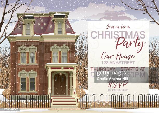 victorian house in winter christmas party invite and copy space - front door winter stock illustrations