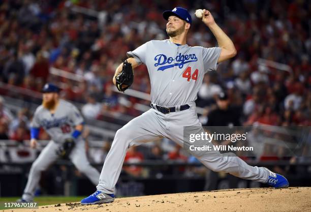 Rich Hill of the Los Angeles Dodgers delivers in the first inning against the Washington Nationals in game four of the National League Division...