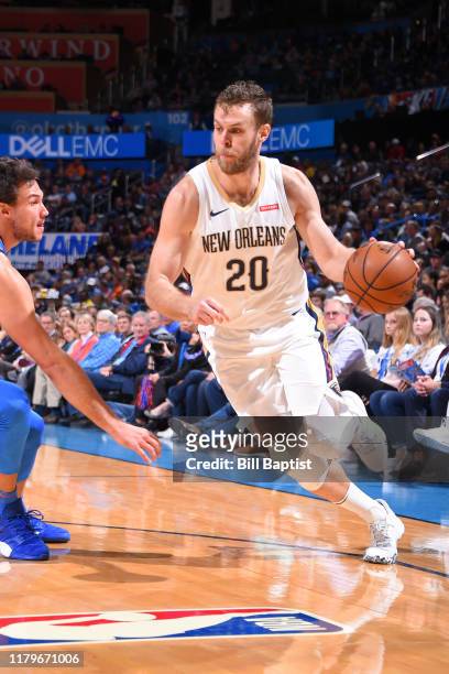 Nicolo Melli of the New Orleans Pelicans drives to the basket against the Oklahoma City Thunder on November 2, 2019 at Chesapeake Energy Arena in...
