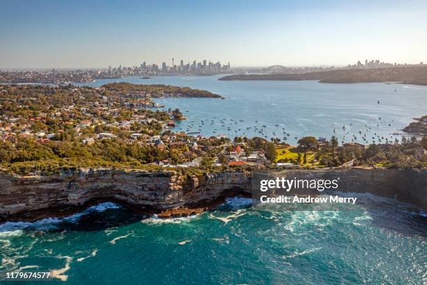 aerial view of sydney with sea cliffs, the gap, watsons bay, suburbs, sydney harbour and city skyline, australia - torre de centerpoint fotografías e imágenes de stock