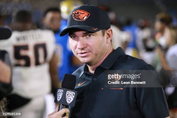Head coach Jonathan Smith of the Oregon State Beavers postgame interviewing with the PAC12 network after winning 48-31 over the UCLA Bruins at the...