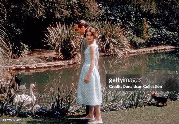 Audrey Hepburn and husband Mel Ferrer at the Bel Air Hotel on Mar. 27, 1957 in Los Angeles, California .