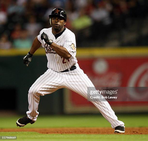 Michael Bourn of the Houston Astros during a baseball game with the Texas Rangers at Minute Maid Park on June 30, 2011 in Houston, Texas.