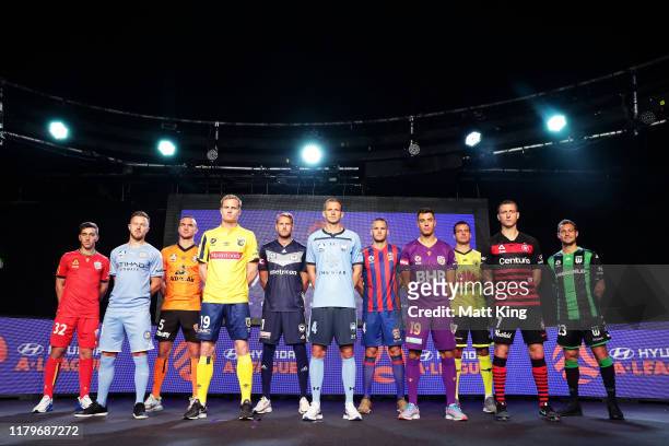 Captains of all teams pose on stage during the A-League 2019-20 A-League season launch at Max Watts on October 08, 2019 in Sydney, Australia.