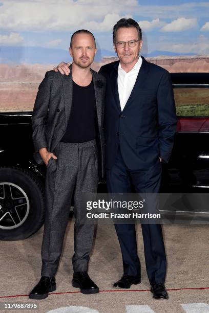 Aaron Paul and Bryan Cranston attend the Premiere of Netflix's 'El Camino: A Breaking Bad Movie' at Regency Village Theatre on October 07, 2019 in...