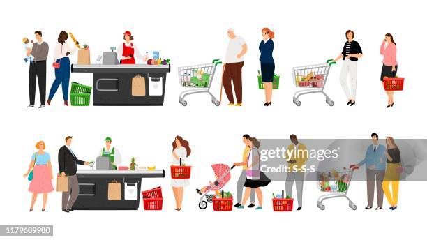 grocery shopping queue - woman checking out stock illustrations