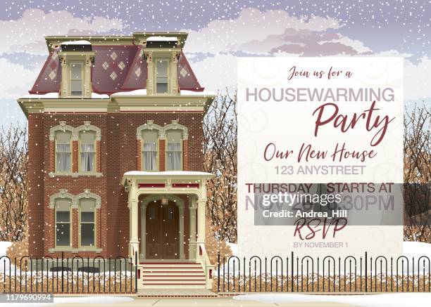 victorian house in winter housewarming party invite and copy space - victorian mansion stock illustrations