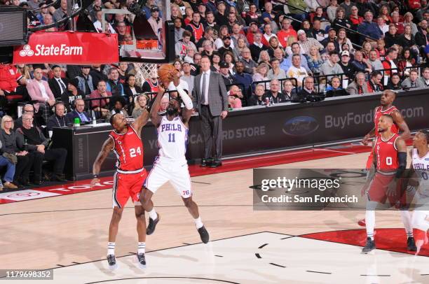 James Ennis III of the Philadelphia 76ers shoots the ball against the Portland Trail Blazers on November 2, 2019 at the Moda Center Arena in...