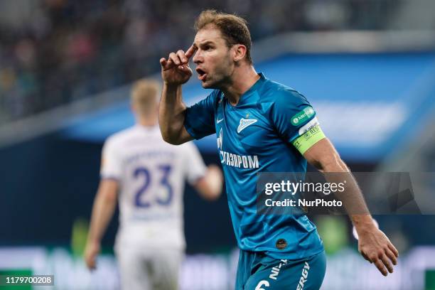 Branislav Ivanovic of FC Zenit Saint Petersburg gestures during the Russian Premier League match between FC Zenit Saint Petersburg and PFC CSKA...