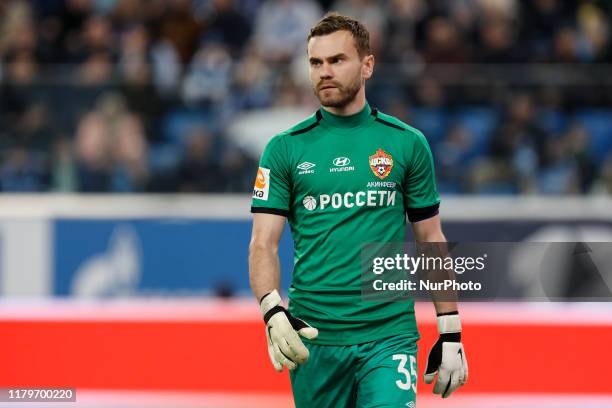 Igor Akinfeev of PFC CSKA Moscow looks on during the Russian Premier League match between FC Zenit Saint Petersburg and PFC CSKA Moscow on November...