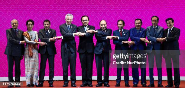 Malaysia's Prime Minister Mahathir Mohamad, Myanmar's State Counsellor Aung San Suu Kyi, Philippines' President Rodrigo Duterte, Singapore's Prime...