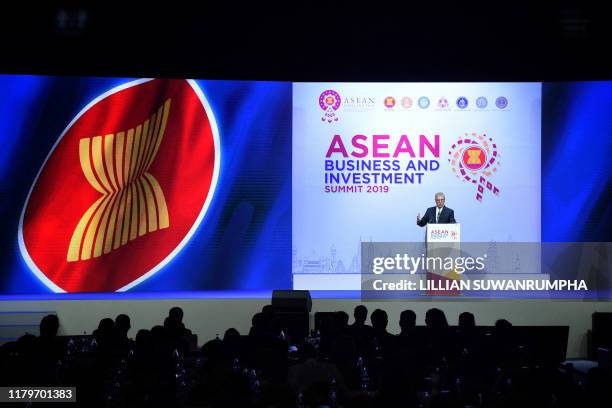 Britain's Prince Andrew, Duke of York speaks at the ASEAN Business and Investment Summit in Bangkok on November 3 on the sidelines of the 35th...