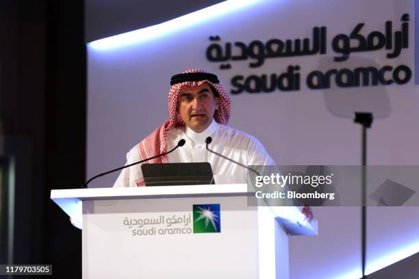 Yasir Al-Rumayyan, chairman of Saudi Arabian Oil Co. , speaks during a news conference in Dammam, Saudi Arabia, on Sunday, Nov. 3, 2019. More than...