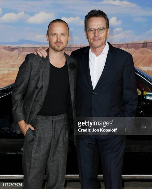 Aaron Paul and Bryan Cranston attend the premiere of Netflix's "El Camino: A Breaking Bad Movie" at Regency Village Theatre on October 07, 2019 in...