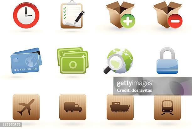 international commerce icon set - train clock stock illustrations