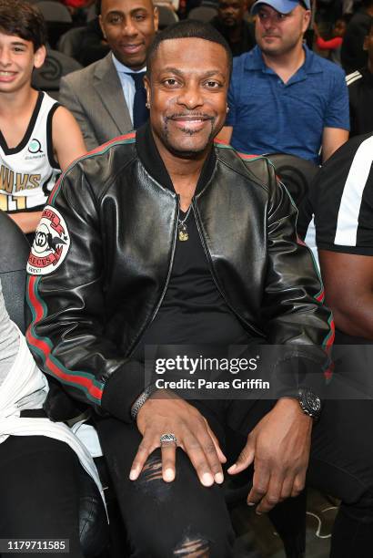 Chris Tucker attends Atlanta Hawks vs New Orleans Pelicans preseason opener game at State Farm Arena on October 07, 2019 in Atlanta, Georgia.