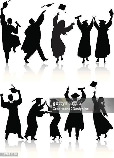 feiern graduate silhouetten - graduierten talar stock-grafiken, -clipart, -cartoons und -symbole