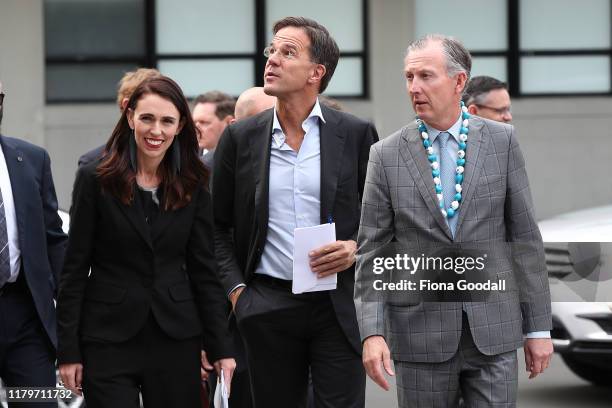Netherland Prime Minister Mark Rutte arrives at Auckland University with New Zealand Prime Minister Jacinda Ardern and Vice Chancellor Scott St Clair...