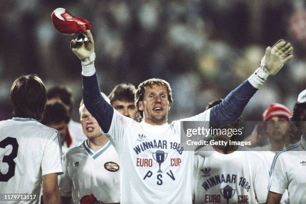 Eindhoven goalkeeper Hans van Breukelen celebrates after PSV had won the 1988 European Cup after a penalty shootout at Neckarstadion on 25th May,...