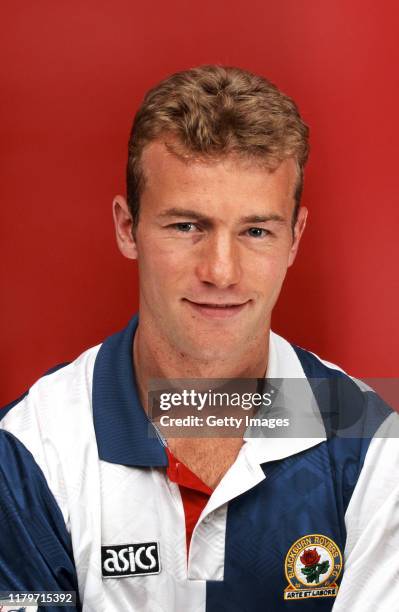 Blackburn Rovers and England striker Alan Shearer pictured in his Asics Blackburn shirt in a studio set up circa 1992 in London, United Kingdom.