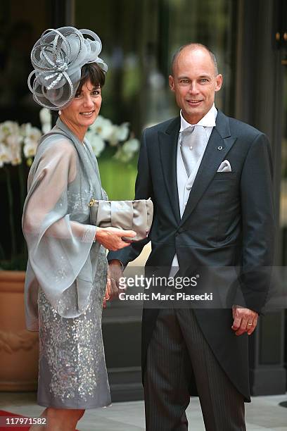 Bertrand Piccard and his wife Michele Piccard are sighted leaving the 'Hermitage' hotel to attend the Royal Wedding of Prince Albert II of Monaco to...