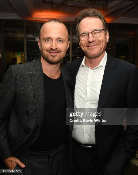 Aaron Paul and Bryan Cranston attend the Premiere of Netflix's "El Camino: A Breaking Bad Movie" After Party at Baltaire on October 07, 2019 in Los...