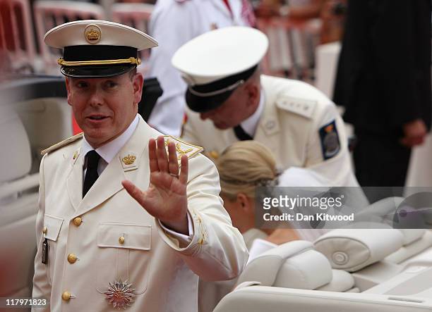 Prince Albert II of Monaco makes his journey to Sainte Devote church after their religious wedding ceremony at the Prince's Palace of Monaco on July...