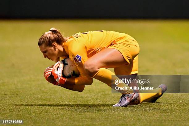 Casey Murphy of Seattle Reign FC makes a stop during the match against the Utah Royals FC at Cheney Stadium on September 25, 2019 in Tacoma,...