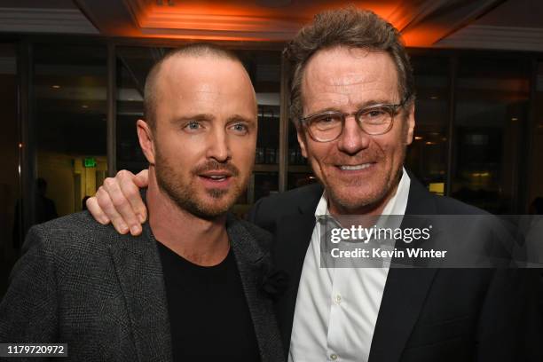 Aaron Paul and Bryan Cranston attend the Premiere of Netflix's "El Camino: A Breaking Bad Movie" After Party at Baltaire on October 07, 2019 in Los...