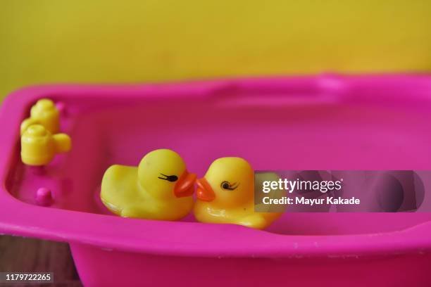 toy ducks couple kissing in the toy bathtub - couple and kiss and bathroom stock-fotos und bilder