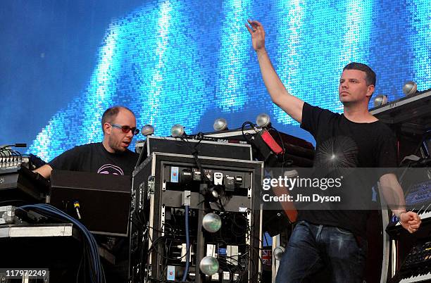 Tom Rowlands and Ed Simons of The Chemical Brothers perform live on stage during the second day of the Wireless Festival at Hyde Park on July 2, 2011...