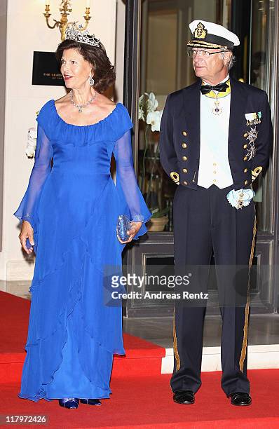Carl XVI Gustaf, King of Sweden and Queen Silvia of Sweden leave the Hotel Hermitage to attend a dinner at Opera terraces after the religious wedding...