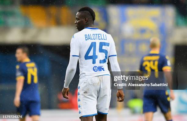 Mario Balotelli of Brescia Calcio looks on during the Serie A match between Hellas Verona and Brescia Calcio at Stadio Marcantonio Bentegodi on...