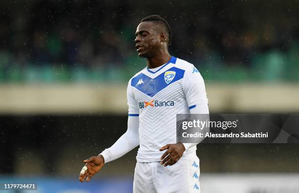 Mario Balotelli of Brescia Calcio reacts during the Serie A match between Hellas Verona and Brescia Calcio at Stadio Marcantonio Bentegodi on...