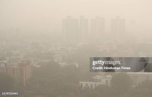 View of the city skyline engulfed in heavy smog, on November 2, 2019 in Gurugram, India. The air quality index hit 473 at 9 am, according to Central...