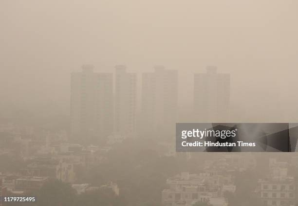 View of the city skyline engulfed in heavy smog, on November 2, 2019 in Gurugram, India. The air quality index hit 473 at 9 am, according to Central...