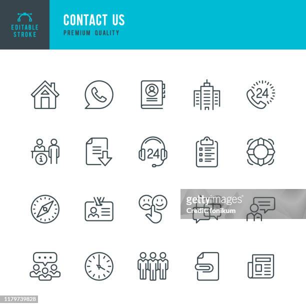 contact us - thin line vector icon set. editable stroke. pixel perfect. set contains such icons as home, help desk, feedback, office, support, team, life belt. - office stock illustrations