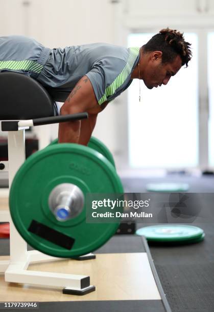 Will Genia of Australia lifts a set of weights during a gym session at Tatsuminomori Rugby Field on October 08, 2019 in Tokyo, Japan.