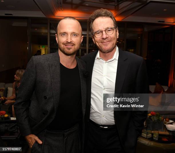 Aaron Paul and Bryan Cranston pose at the after party for the premiere of Netfflix's "El Camino: A Breaking Bad Movie" at Baltaire on October 07,...