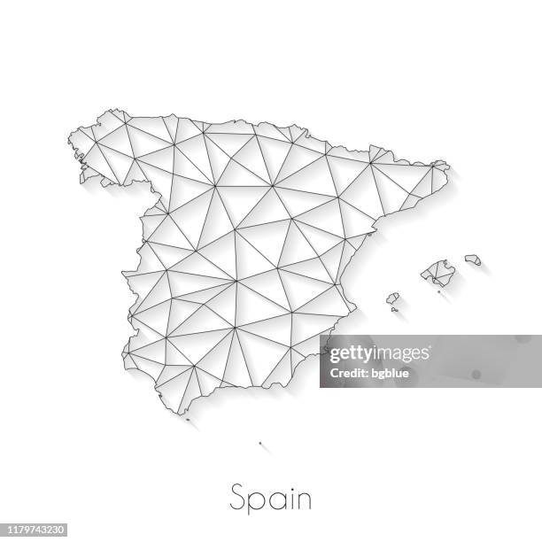 ilustraciones, imágenes clip art, dibujos animados e iconos de stock de conexión de mapa en españa - malla de red sobre fondo blanco - españa mapa