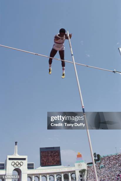 Daley Thompson of Great Britain during the Pole vault event of the Men's Decathlon on 9th August 1984 during the XXIII Olympic Games at the Los...