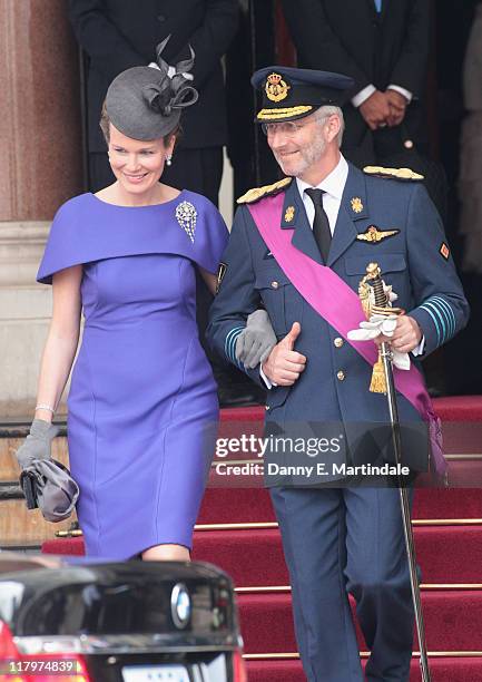 Princess Mathilde, Duchess of Brabant and Prince Philippe, Duke of Brabant are seen leaving the Hotol de Paris to attend the religious ceremony of...