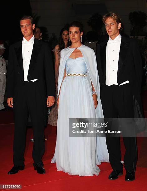 Pierre Casiraghi, Charlotte Casiraghi and Prince Andrea Casiraghi attend the official dinner and firework celebrations at the Opera Terraces after...